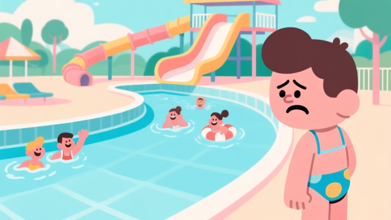 自动生成图片: A frustrated cartoon character in a swimsuit looking at an empty, poorly designed water slide in a vibrant aquapark, with happy guests swimming away from it, flat design style, soft pastel colors high quality illustration, detailed, 16:9