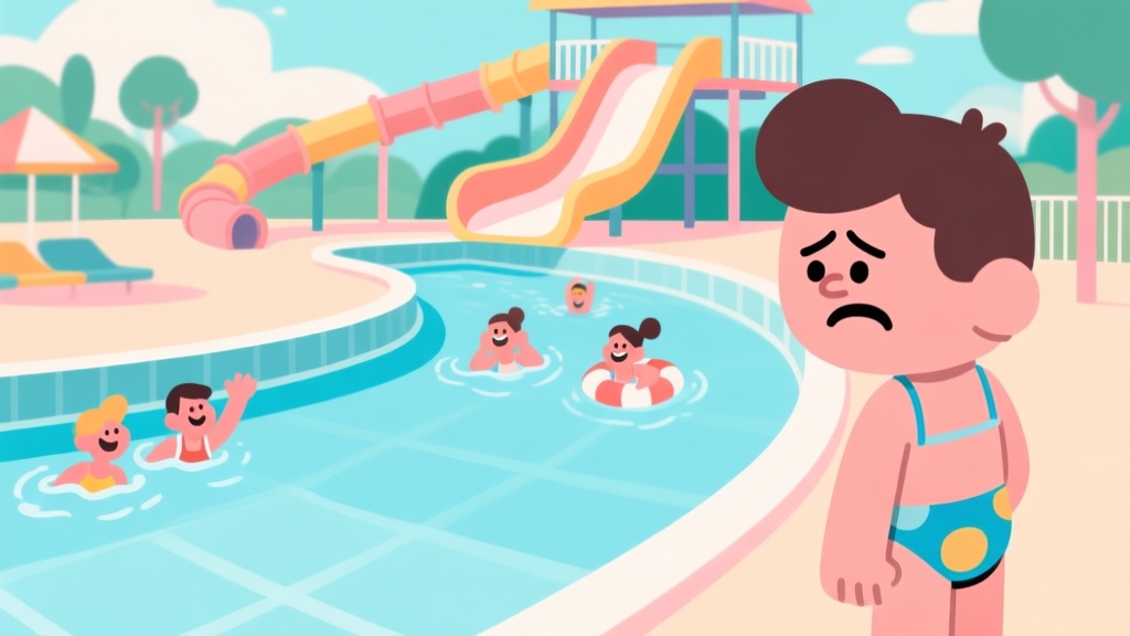 A frustrated cartoon character in a swimsuit looking at an empty, poorly designed water slide in a vibrant aquapark, with happy guests swimming away from it, flat design style, soft pastel colors high quality illustration, detailed, 16:9
