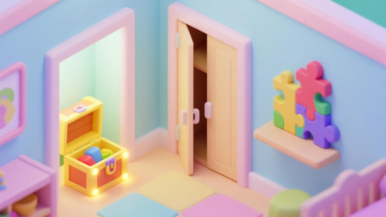 自动生成图片: A cheerful, isometric view of a bright daycare playroom with hidden interactive elements like a glowing toy chest, a slightly ajar closet door, and a colorful puzzle piece on a shelf, soft pastel colors, cartoon style high quality illustration, detailed, 16:9