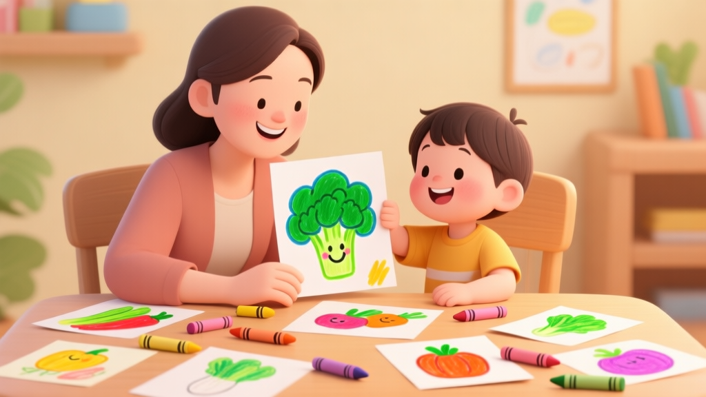 A cheerful, cartoon-style scene of a parent and child sitting together at a table. The child is holding up a brightly colored drawing of a smiling broccoli, while various other cartoon vegetable drawings and crayons are scattered around. The style is warm, inviting, and educational. high quality illustration, detailed, 16:9
