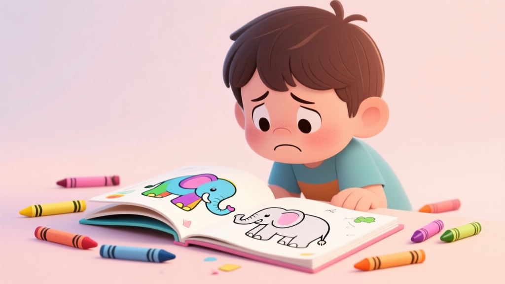 A frustrated cartoon child looking at a half-finished elephant coloring book, with colorful crayons scattered around, soft pastel background high quality illustration, detailed, 16:9