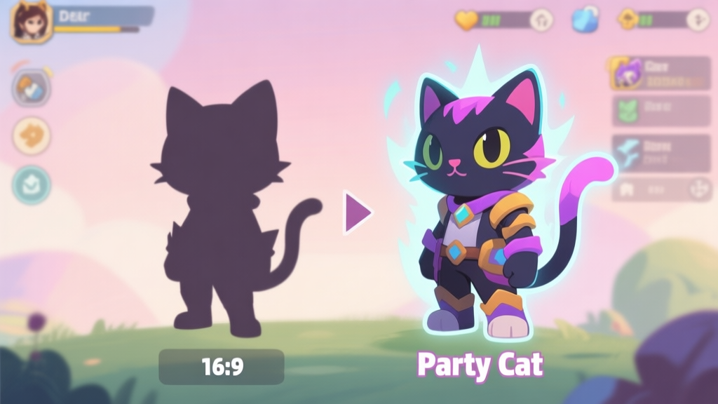 A side-by-side comparison of a default game character and its "Party Cat" skin version, highlighting visual differences in silhouette and effects, in a soft pastel color palette with game UI elements faintly in the background high quality illustration, detailed, 16:9