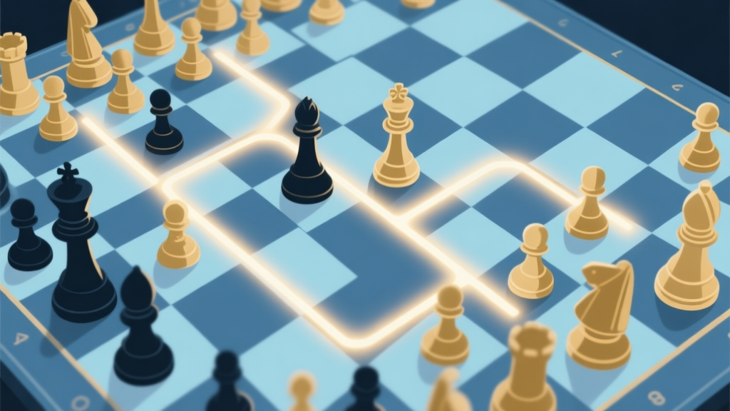 A dynamic, top-down view of a chessboard in mid-game, with glowing strategic pathways overlaying the pieces, showing popular opening move sequences like the London System and Queen's Gambit, in a minimalist style with soft blues and golds high quality illustration, detailed, 16:9