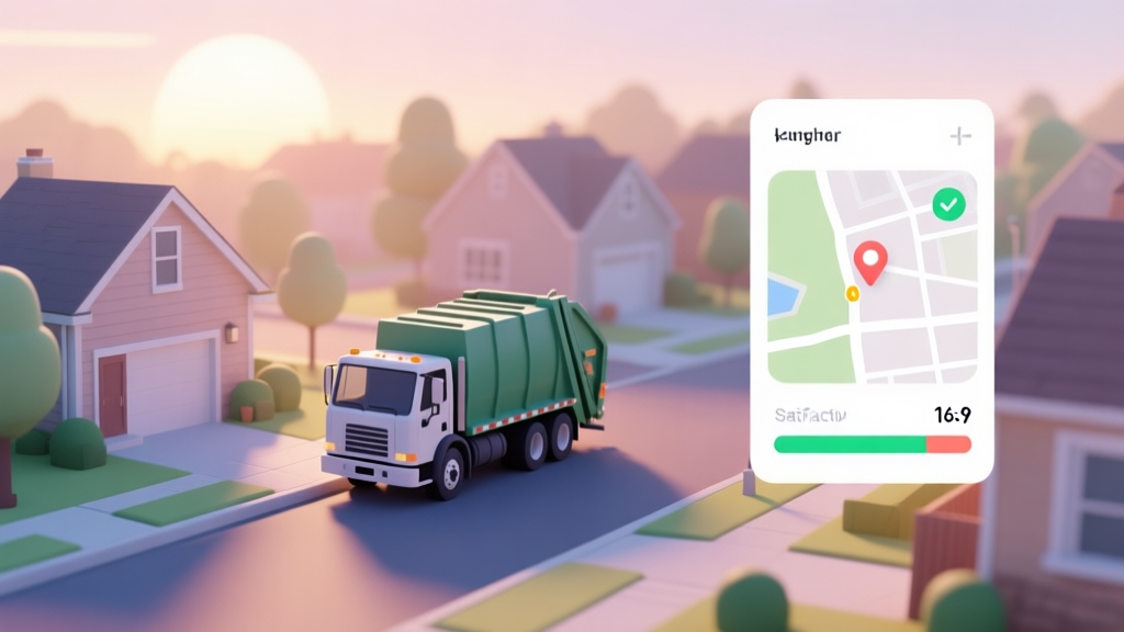 A cozy, isometric view of a quiet suburban neighborhood at sunrise, with a detailed garbage truck stopped on the curb. Soft morning light, pastel colors, and a clean UI overlay showing a simple route map and a satisfaction meter. high quality illustration, detailed, 16:9