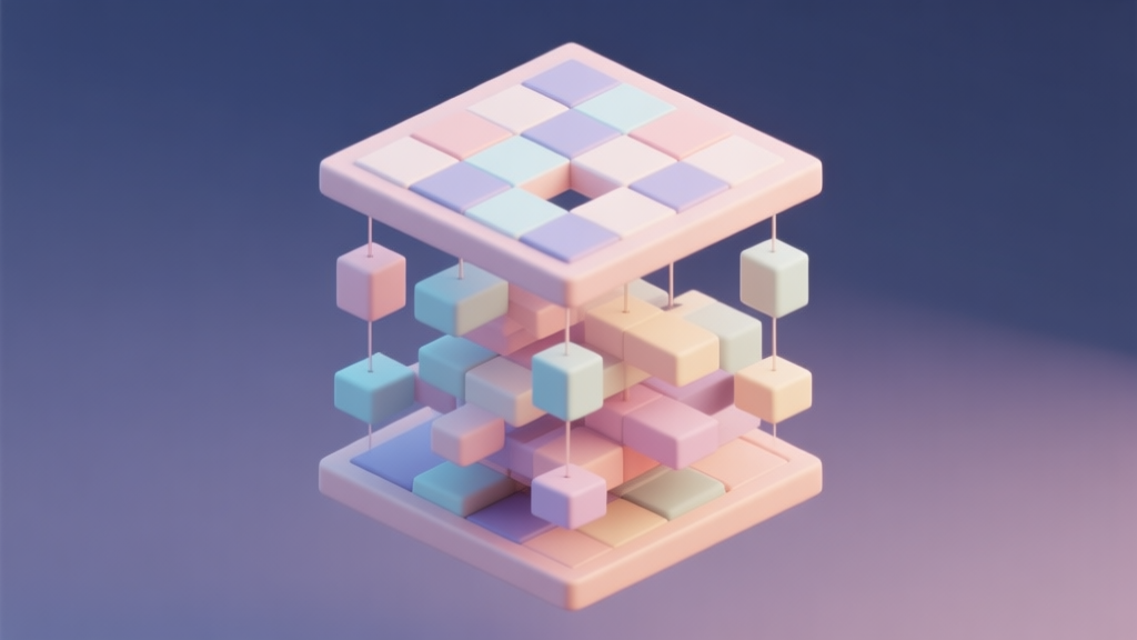 A 3D isometric view of a complex, multi-layered Checker 3D puzzle board with pieces suspended in mid-air, soft pastel colors, clean lines, a sense of a challenging but solvable problem high quality illustration, detailed, 16:9