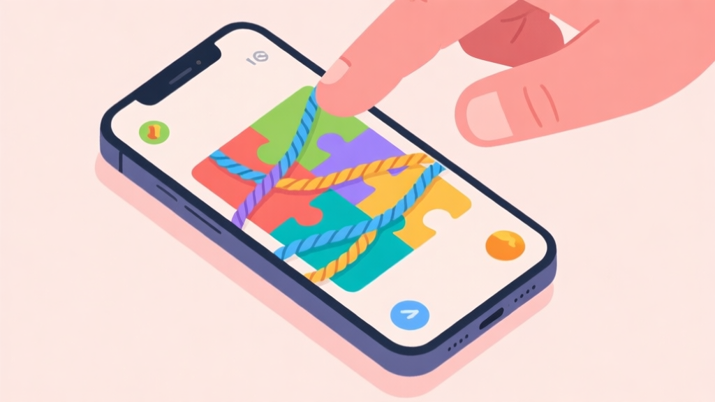 A top-down view of a smartphone screen showing a colorful puzzle game with tangled ropes on a soft pastel background, fingers hovering above as if about to solve it, in a minimalist flat illustration style high quality illustration, detailed, 16:9