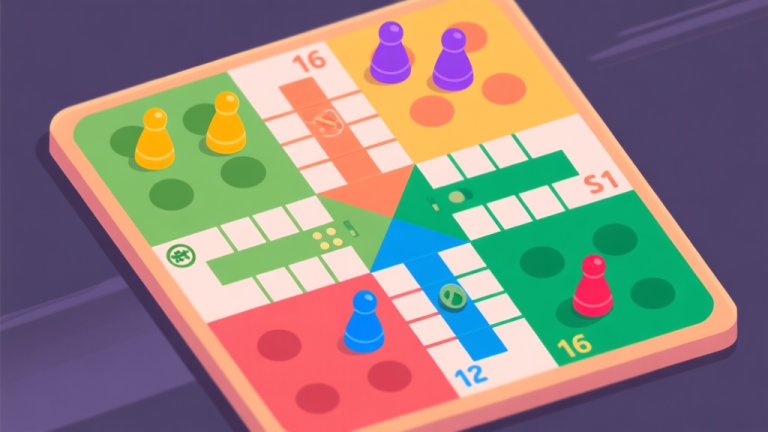 自动生成图片: A top-down view of a vibrant digital Ludo board with four distinct colored tokens per player, mid-game, showing strategic blocking and safe positions, in a flat illustration style with soft colors high quality illustration, detailed, 16:9