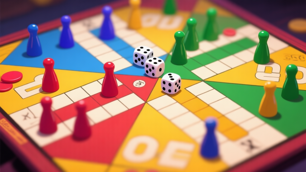 A top-down view of a vibrant Ludo board with four distinct colored tokens in complex positions, some safe, some at risk, with dice in the center. The image has a slightly blurred, focused aesthetic, emphasizing strategy and tension. high quality illustration, detailed, 16:9