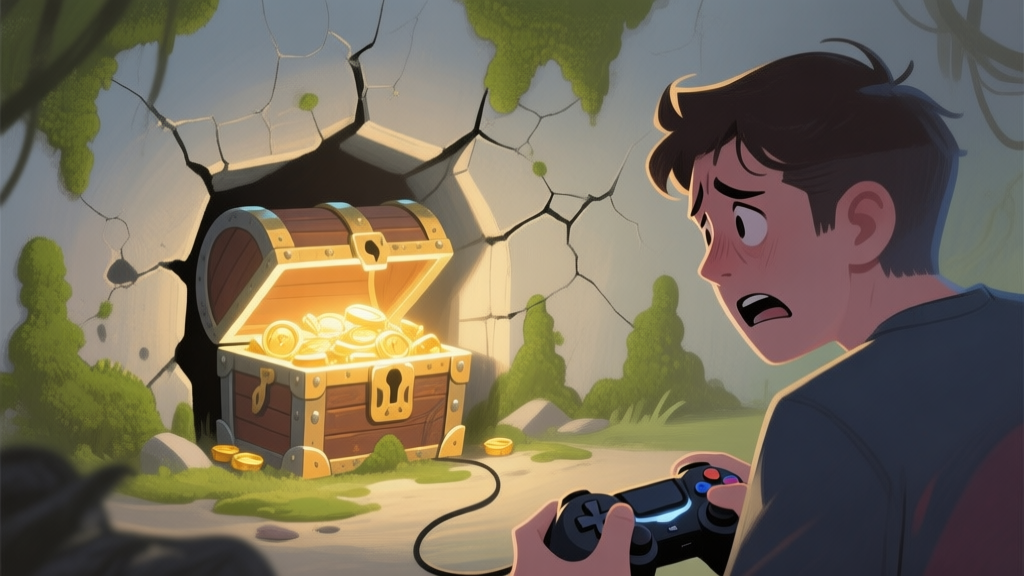 A frustrated gamer looking at a glowing treasure chest hidden behind subtle environmental clues like cracked wall and unusual moss pattern, soft lighting, painterly style, muted color palette high quality illustration, detailed, 16:9