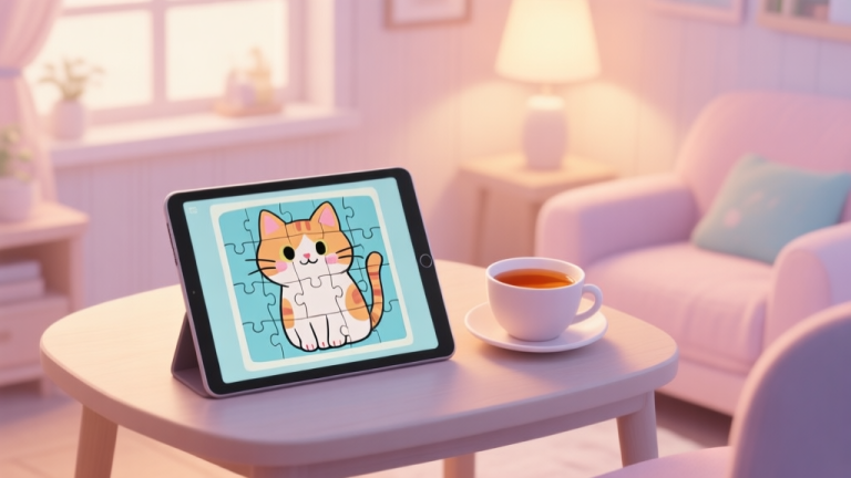 自动生成图片: A cozy, softly lit room with a tablet on a table displaying a nearly completed cartoon cat jigsaw puzzle, a warm cup of tea beside it, in a gentle pastel color palette high quality illustration, detailed, 16:9