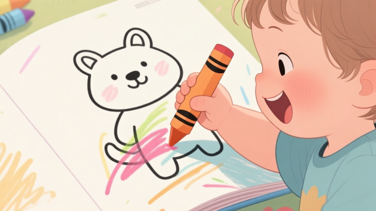 自动生成图片: A messy, joyful scene of a toddler's hand holding a large crayon, making broad, sweeping marks outside the lines of a simple cartoon animal in a coloring book, soft pastel colors, focus on the child's hand grip and expression of concentration high quality illustration, detailed, 16:9