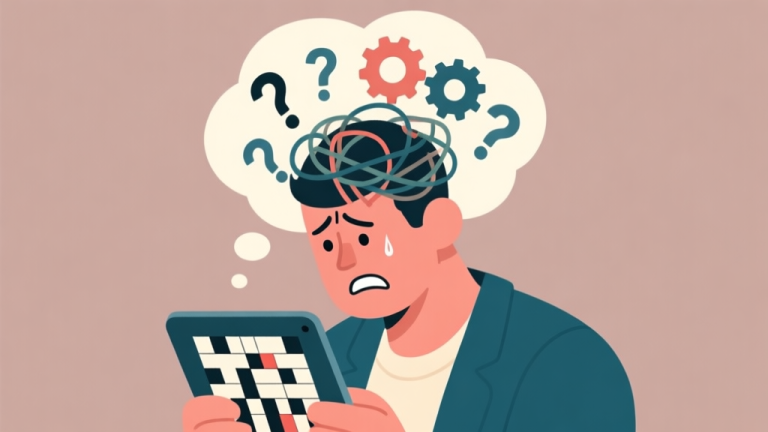 自动生成图片: A frustrated person looking at a crossword puzzle on a tablet, with a tangled thought bubble above their head showing question marks and stuck gears, in a flat illustration style with muted colors high quality illustration, detailed, 16:9