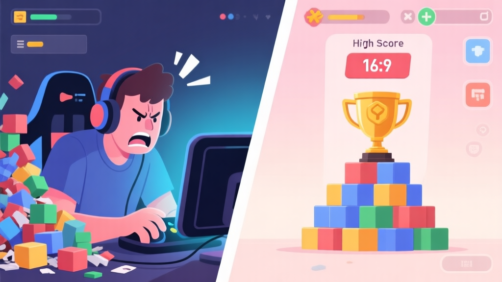 Split-screen illustration showing a frustrated gamer on the left with a messy block pile, and a confident champion on the right with a neat, organized stack and a high score display, in a soft pastel color scheme with game UI elements high quality illustration, detailed, 16:9