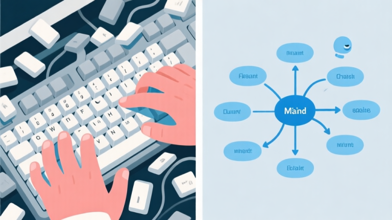 自动生成图片: Split-screen illustration showing a chaotic keyboard with frantic key presses on one side, and a calm, strategic mind map with clear decision paths on the other, in a soft blue and grey color scheme high quality illustration, detailed, 16:9