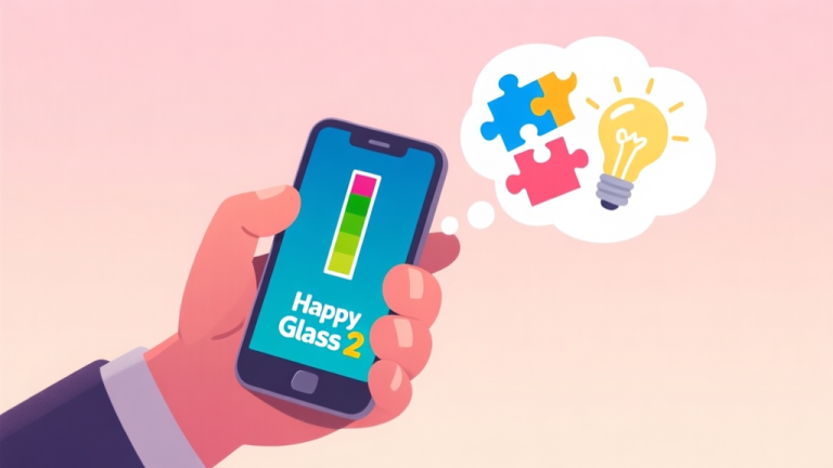 自动生成图片: A frustrated hand holding a smartphone showing a stuck level in Happy Glass 2, with a thinking bubble containing abstract puzzle pieces and a light bulb, soft pastel background high quality illustration, detailed, 16:9