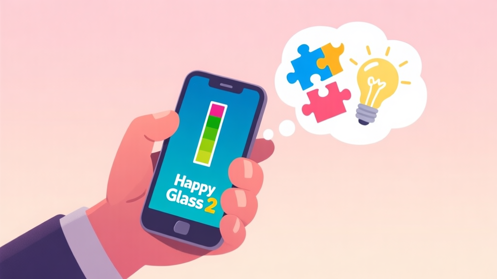 A frustrated hand holding a smartphone showing a stuck level in Happy Glass 2, with a thinking bubble containing abstract puzzle pieces and a light bulb, soft pastel background high quality illustration, detailed, 16:9