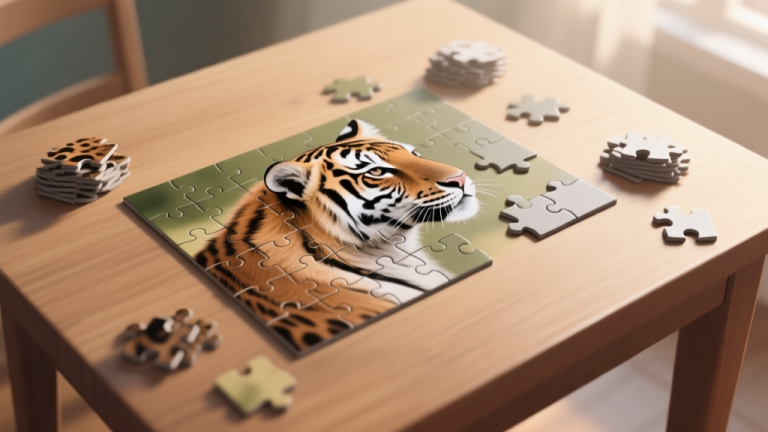自动生成图片: A calming, top-down view of a jigsaw puzzle in progress on a wooden table. The puzzle shows a portion of a wild animal's fur (like a tiger or leopard). The pieces are partially connected, with a few sorted piles around the edges. Soft morning light, muted earth tone color palette. high quality illustration, detailed, 16:9