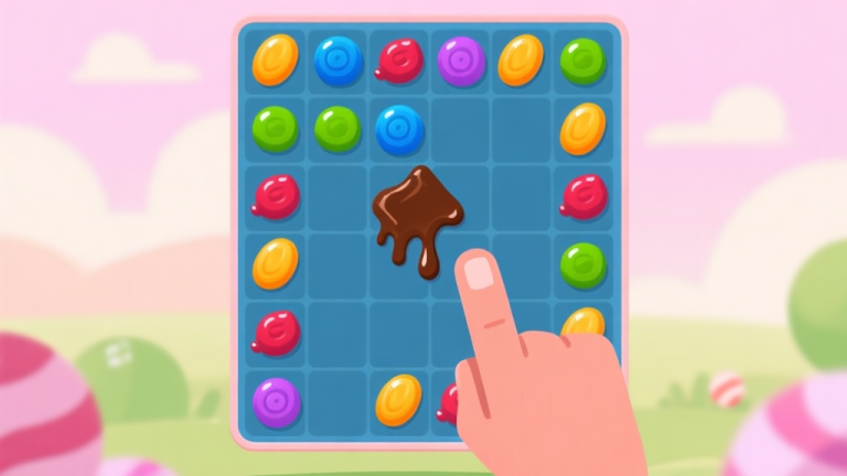 自动生成图片: A frustrating Candy Crush Saga game board layout with isolated candies, chocolate spreading, and a player's finger hovering in despair, soft pastel color palette, illustrated in a flat design style high quality illustration, detailed, 16:9