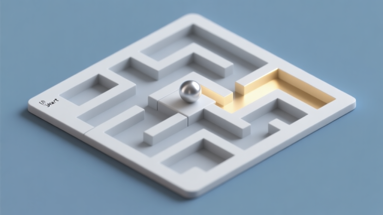 自动生成图片: A top-down view of a minimalist puzzle board with a single silver ball on a start tile, multiple dead-end paths in soft grey, and one correct path glowing in a subtle gold color, all on a muted blue background high quality illustration, detailed, 16:9