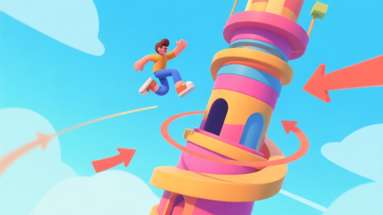 自动生成图片: A dynamic 3D game screenshot showing a character mid-jump on a vibrant spiral tower, with visual arrows indicating centrifugal force and trajectory, in a clean vector illustration style high quality illustration, detailed, 16:9