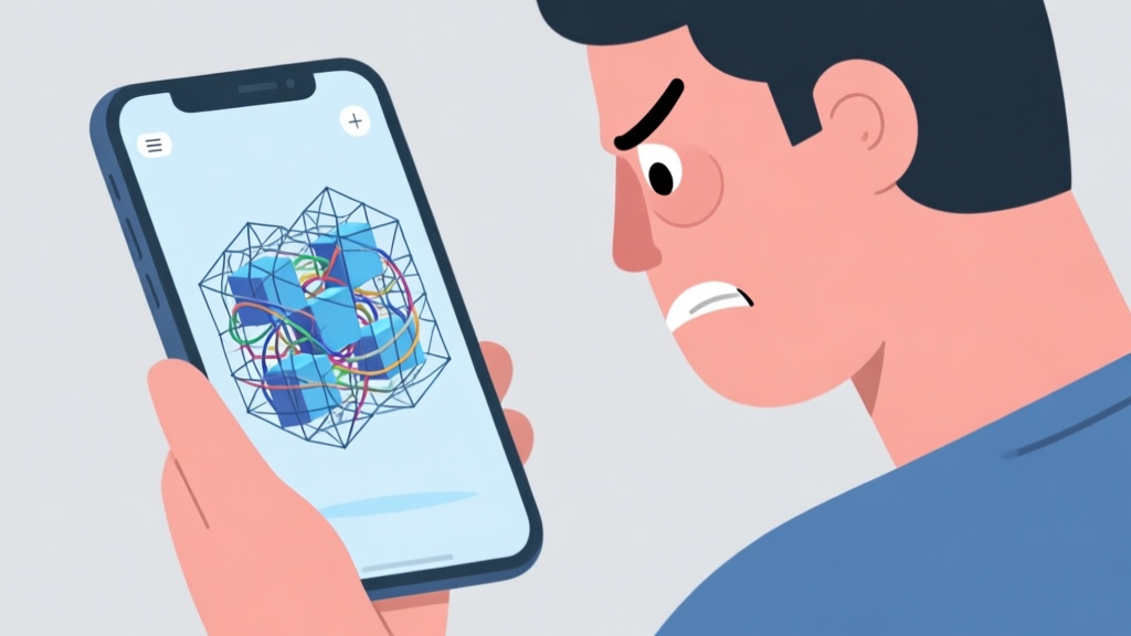 A frustrated player looking at a smartphone with a complex, tangled 3D wireframe puzzle of Line Color 3D on the screen, in a minimalist flat illustration style with soft blues and greys high quality illustration, detailed, 16:9