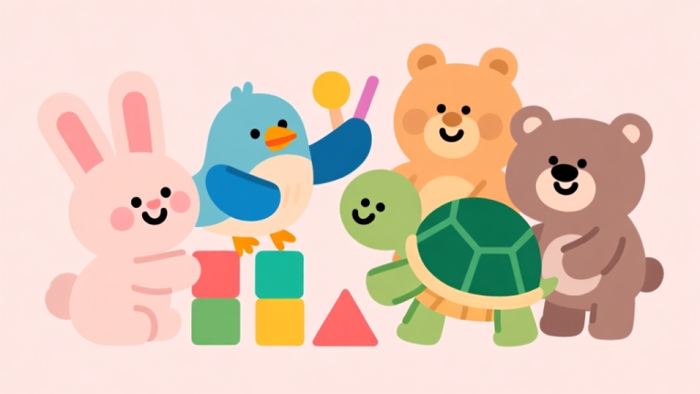 自动生成图片: A cheerful, stylized illustration of a diverse group of friendly cartoon animals (a rabbit, a bird, a turtle) interacting with simple, colorful educational objects like blocks and shapes, in a soft pastel color palette, flat design style high quality illustration, detailed, 16:9