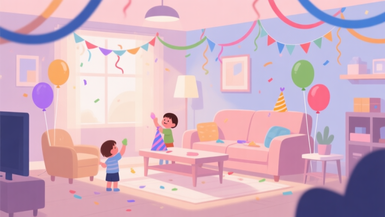 自动生成图片: A cozy, softly lit living room scene from a child's perspective, with virtual party decorations like streamers and balloons being placed, in a gentle pastel color palette, flat design style high quality illustration, detailed, 16:9