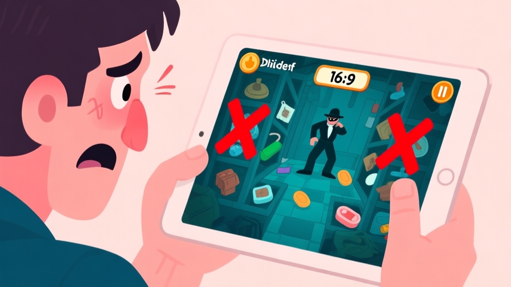 A frustrated player looking at a tablet screen showing a cluttered hidden object scene from a thief-themed game, with a timer running low and red "X" marks over missed items, soft pastel color palette high quality illustration, detailed, 16:9