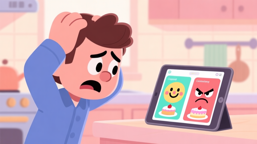 A frustrated game character in a cartoon kitchen, scratching head while looking at two different cake orders on a tablet screen, one with a happy face and one with an angry face, soft pastel colors high quality illustration, detailed, 16:9