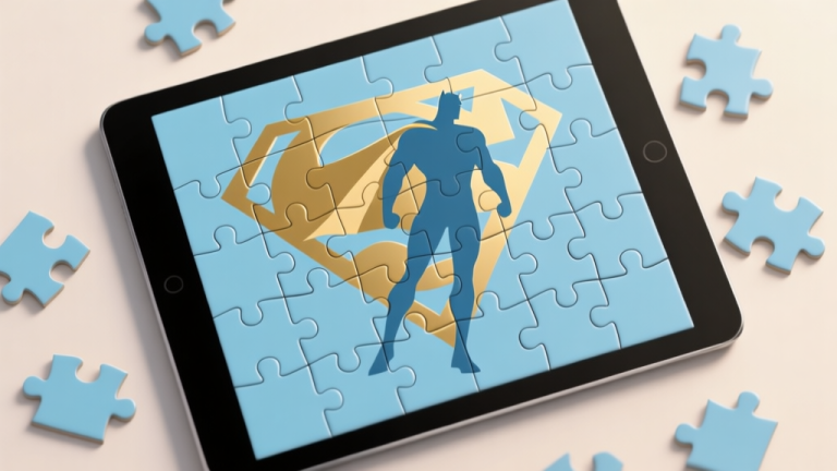 自动生成图片: A top-down view of a digital jigsaw puzzle on a tablet screen, featuring a recognizable but abstracted superhero silhouette (like a cape or emblem), with some pieces connected and others scattered. Soft blue and gold color scheme, clean and inviting aesthetic. high quality illustration, detailed, 16:9