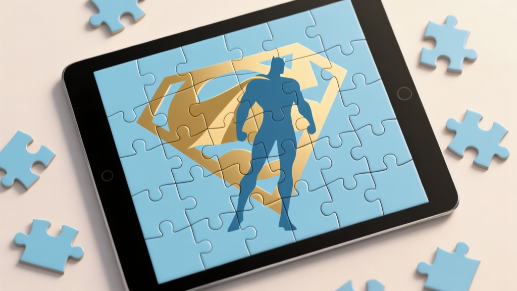 A top-down view of a digital jigsaw puzzle on a tablet screen, featuring a recognizable but abstracted superhero silhouette (like a cape or emblem), with some pieces connected and others scattered. Soft blue and gold color scheme, clean and inviting aesthetic. high quality illustration, detailed, 16:9