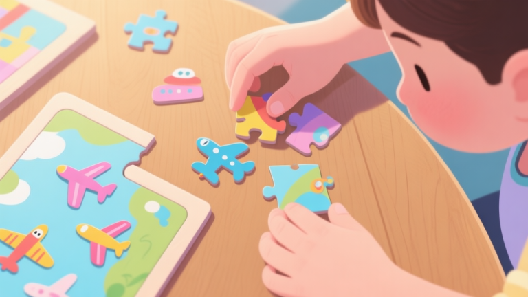 自动生成图片: A top-down view of a beginner's hands sorting colorful, cartoon-style airplane puzzle pieces on a wooden table, with a completed edge section visible, soft natural lighting, pastel color palette high quality illustration, detailed, 16:9