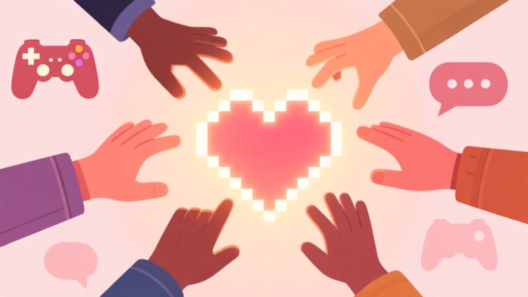 自动生成图片: A cozy, warm-toned illustration of diverse stylized hands reaching towards a central glowing heart-shaped pixel, symbolizing connection in gaming. Soft pastel background with subtle controller and chat bubble silhouettes. high quality illustration, detailed, 16:9