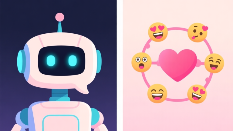 自动生成图片: Split-screen illustration showing a flat, robotic conversation bubble on one side and a vibrant, heart-connected conversation with expressive emojis on the other, using a soft pastel color palette high quality illustration, detailed, 16:9