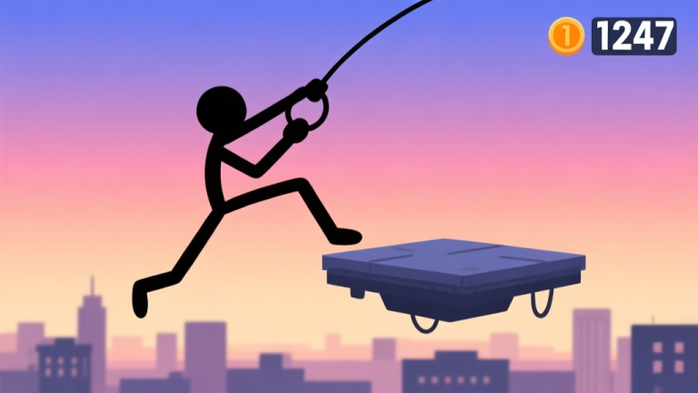 自动生成图片: A dynamic side-view of a stickman character in mid-air swing, using a grappling hook towards a floating platform. The background shows a simple cityscape at dusk, with a high score counter displaying '1247' in the corner. Art style is clean vector illustration with vibrant gradient sky. high quality illustration, detailed, 16:9