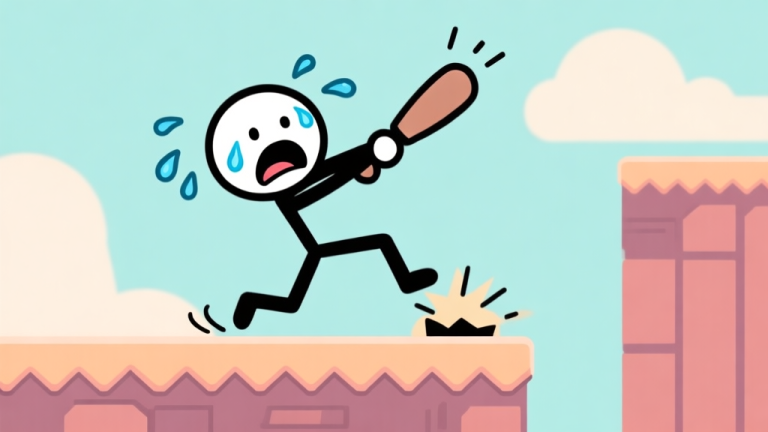 自动生成图片: A frustrated stickman character mid-swing, about to miss a landing platform, with exaggerated sweat drops and a comical expression of panic, in a flat 2D game art style with soft pastel colors high quality illustration, detailed, 16:9