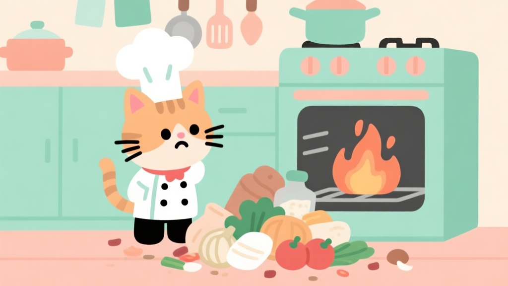A cute, slightly messy kitchen scene in a flat design style, with a cartoon cat chef looking confused at a pile of ingredients and a burning oven, soft pastel colors like mint green, peach, and cream high quality illustration, detailed, 16:9