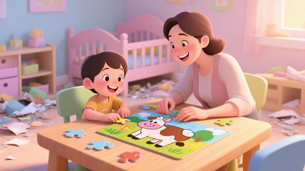 A cheerful, slightly messy playroom scene with a child and an adult smiling while working together on a cartoon farm animal jigsaw puzzle on a wooden table, soft pastel colors, warm lighting high quality illustration, detailed, 16:9