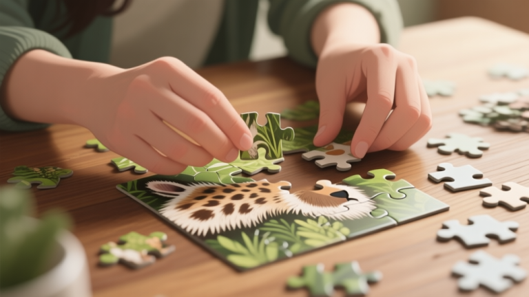 自动生成图片: A close-up of a person's hands sorting jigsaw puzzle pieces on a wooden table, focusing on pieces with animal fur patterns and greenery, soft natural lighting, warm and muted color palette high quality illustration, detailed, 16:9