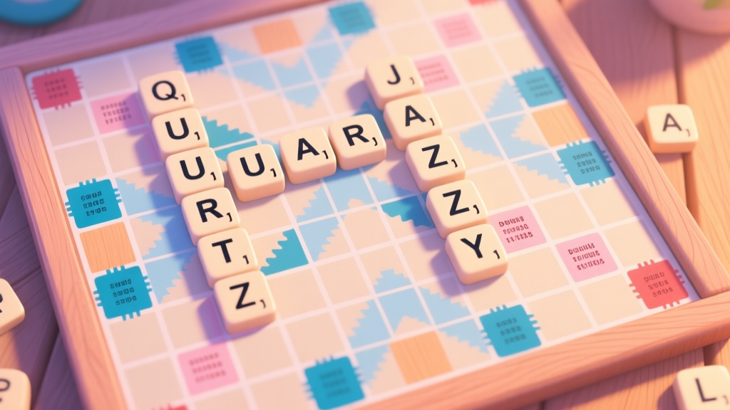 A top-down view of a vibrant digital word game board, showing a mix of letter tiles forming high-scoring words like "QUARTZ" and "JAZZY" across double and triple score squares. Soft pastel color palette with wooden texture hints. high quality illustration, detailed, 16:9