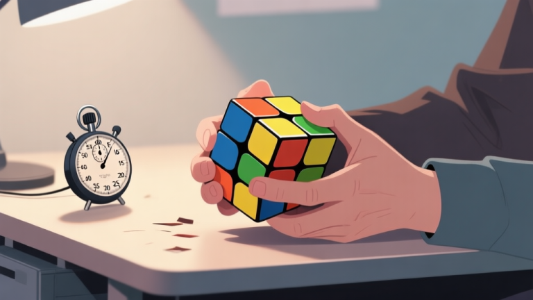 自动生成图片: A frustrated beginner's hands holding a scrambled Rubik's cube on a desk, with a stopwatch showing a slow time, in a soft, muted color palette with focused lighting high quality illustration, detailed, 16:9