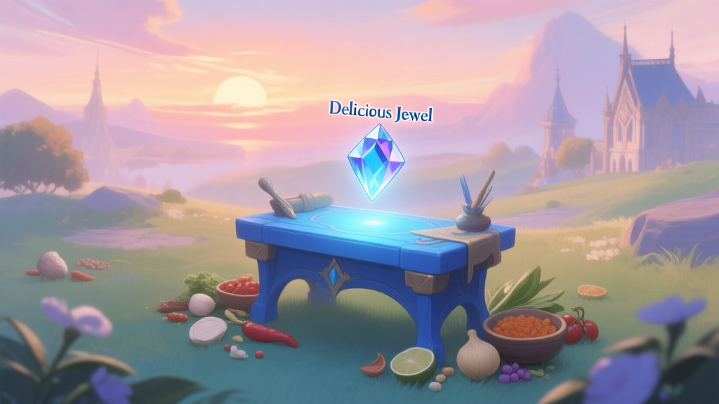 A serene, painterly illustration of a Genshin Impact landscape at sunset, showing a glowing blue crafting bench with a delicate, jewel-like "Delicious Jewel" hovering above it, surrounded by scattered Mondstadt and Liyue regional ingredients, soft pastel color palette high quality illustration, detailed, 16:9
