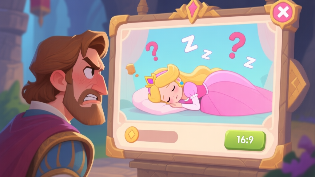 A frustrated game character looking at a sleeping princess character on a medieval-style UI screen, with question marks and Zzz symbols floating around, soft pastel color palette, digital painting style high quality illustration, detailed, 16:9