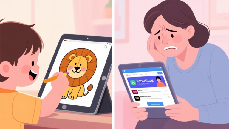自动生成图片: A split-screen image showing a child's hand happily coloring a lion on a tablet on one side, and a frustrated parent looking at intrusive pop-up ads on the same tablet on the other side, in a soft pastel color palette high quality illustration, detailed, 16:9