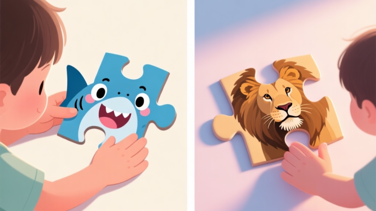 自动生成图片: A split-screen illustration. Left side: a child's hands placing a cartoon shark puzzle piece with exaggerated, friendly features. Right side: the same child's hands placing a realistic-looking lion puzzle piece. Soft, focused lighting, pastel color palette. high quality illustration, detailed, 16:9