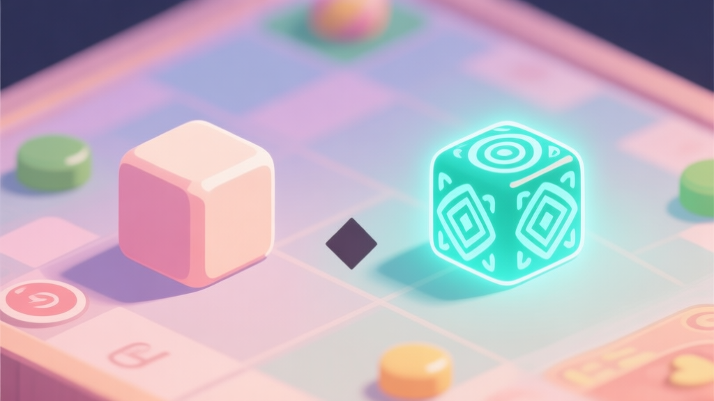 A side-by-side comparison of a simple candy block and its evolved, glowing version with intricate patterns, on a soft pastel game board background, flat design style high quality illustration, detailed, 16:9