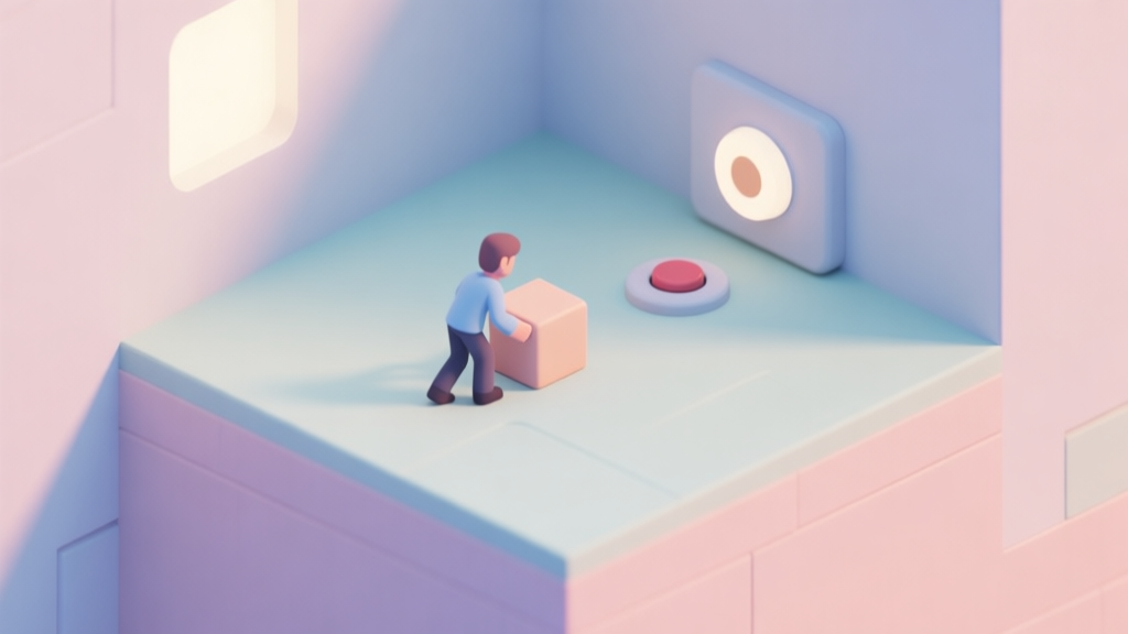 A serene, isometric game scene in soft pastel colors showing a simple puzzle with a character pushing a block towards a switch, soft lighting, clean lines, peaceful atmosphere high quality illustration, detailed, 16:9