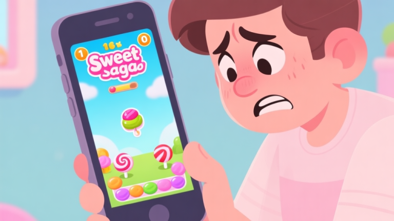 自动生成图片: A frustrated player looking at a smartphone screen showing a difficult Sweet Candy Saga level with only one move left, soft pastel color palette, cartoon illustration style high quality illustration, detailed, 16:9