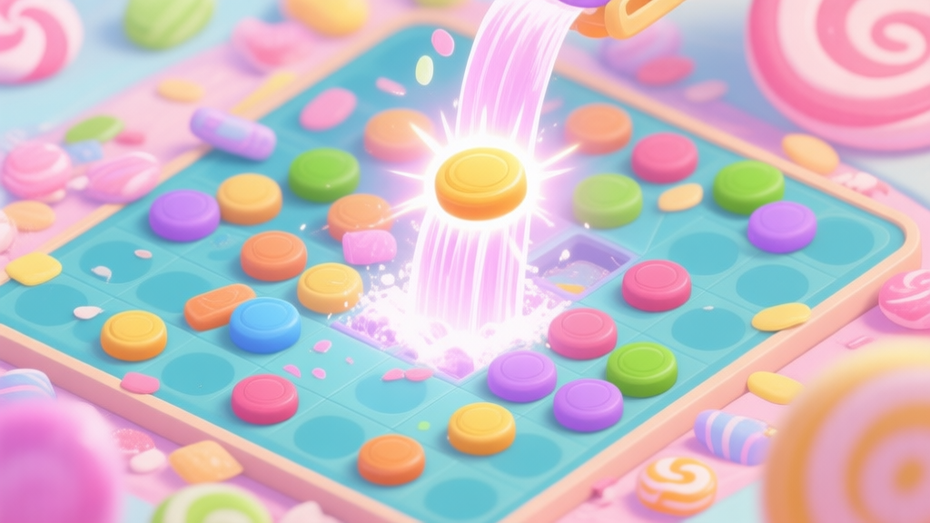 A vibrant match-3 game board in a state of chaos, with one strategic move highlighted by a glowing effect, showing a cascade reaction about to happen, soft pastel candy colors high quality illustration, detailed, 16:9