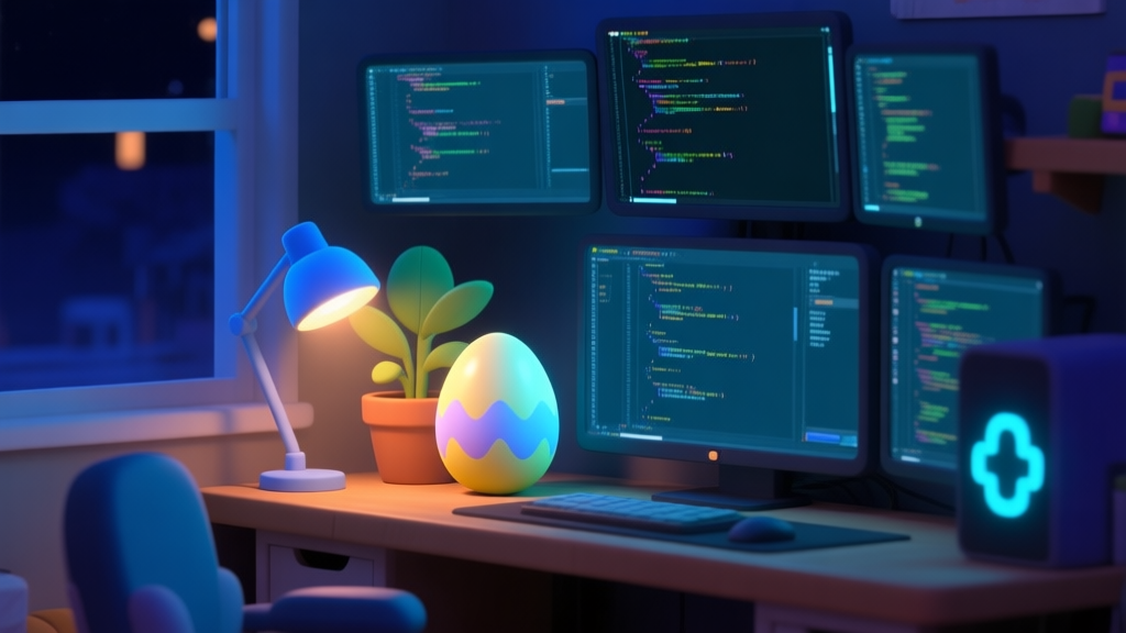A cozy, stylized game developer's desk at night, with multiple monitors showing hidden game code and a 3D model of a whimsical, glowing Easter egg partially hidden behind a potted plant, soft blue and warm desk lamp lighting high quality illustration, detailed, 16:9
